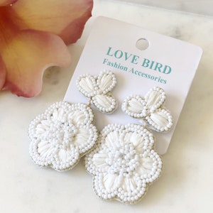White Statement Earrings, Beaded Flower Earrings, Bead & Raffia Earrings, Drop Dangle Earrings, Chandelier Earrings, Gifts For Her, Bridal image 2