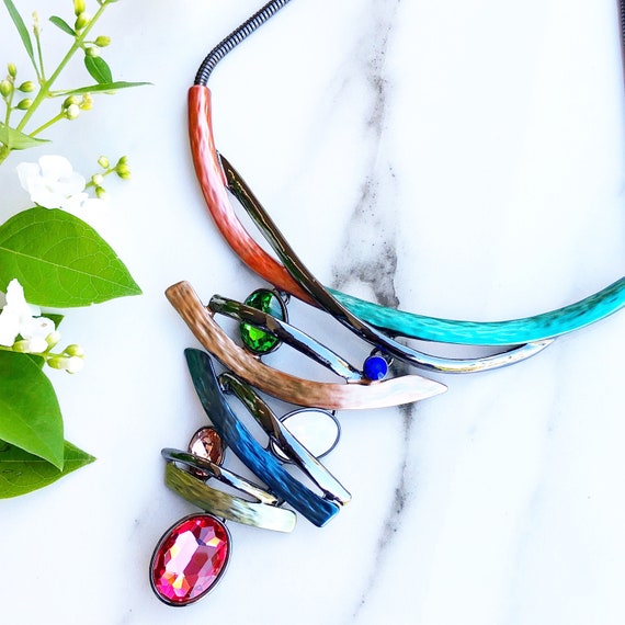 Statement Necklace, Necklaces For Women, Enamel Necklace, Bold Statement Jewellery, Big Chunky Necklace, Crystal Necklace, Gifts For Women