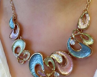 Gold Statement Necklace, Necklaces For Women, Statement Jewellery, Bib Necklace, Pastel Necklace, Gift For Woman, Birthday Gift For Her,