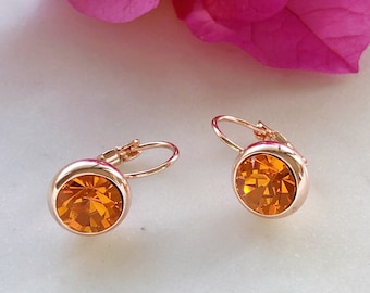 Brincos de cristal laranja, brincos de ouro rosa, minimalistas, presente de dia das mães, presente para ela, brincos pendentes, brincos simples, populares