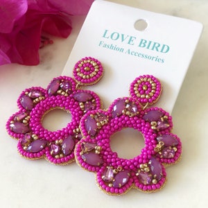 Pink Statement Earrings, Beaded Dangle Earrings, Fuschia Pink Earrings, Stud Drop Earrings, Bead & Crystal Earrings, Chandelier Earrings