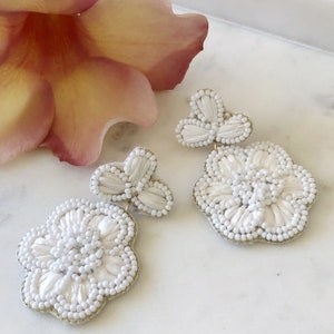 White Statement Earrings, Beaded Flower Earrings, Bead & Raffia Earrings, Drop Dangle Earrings, Chandelier Earrings, Gifts For Her, Bridal image 5