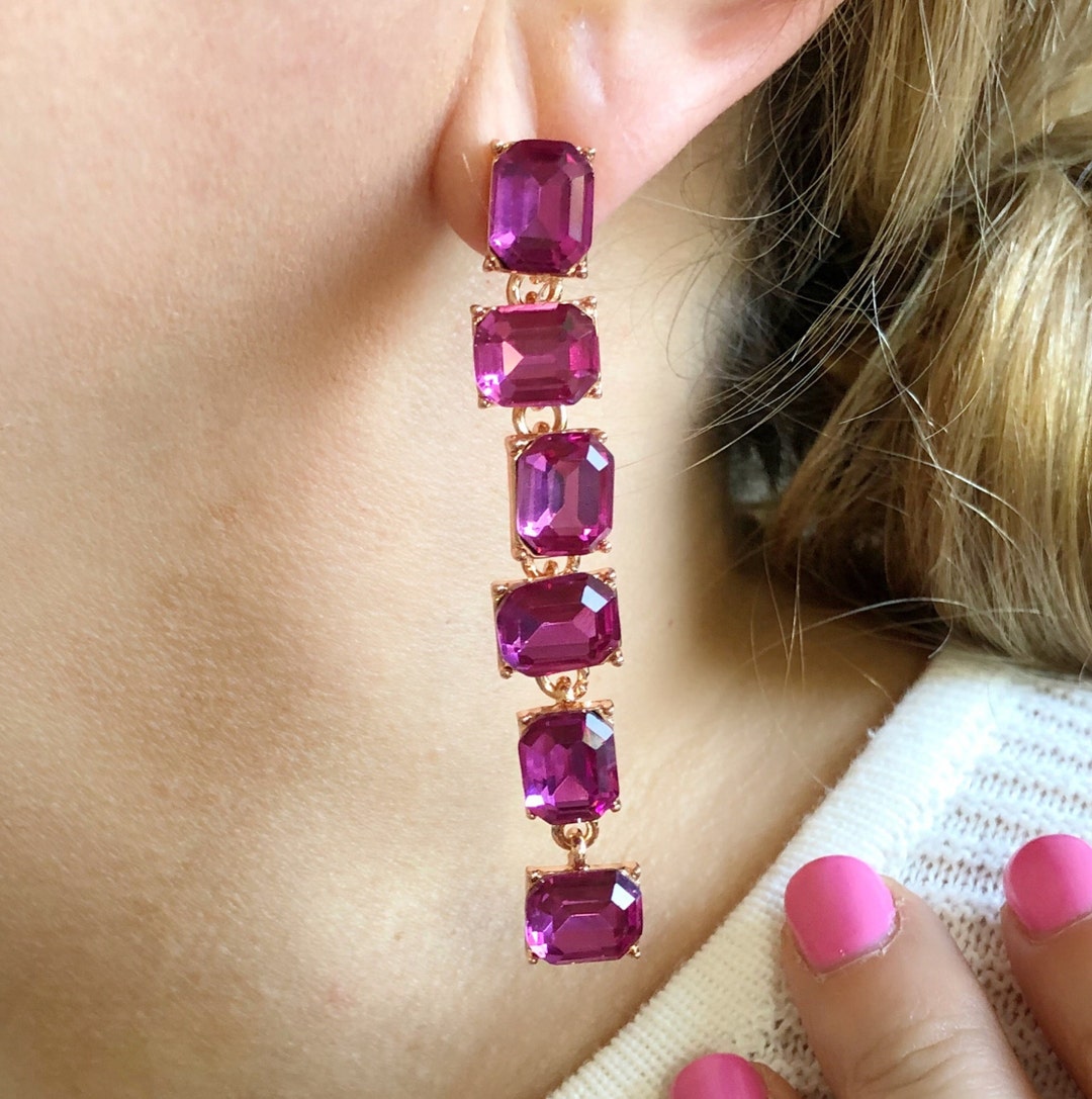 Long Pink Crystal Earrings, Rose Gold Stud Earrings, Statement Earrings ...