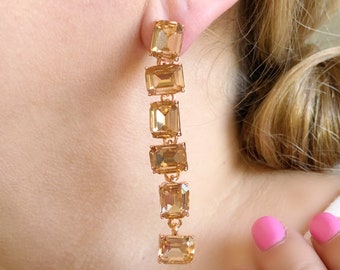 Long Crystal Earrings, Champagne Earrings, Rose Gold Drop Earrings, Wedding Earrings, Bridesmaid Earrings, Wedding Jewelry, Peach Crystal