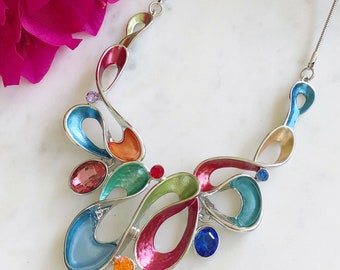 Multicolor Statement Necklace, Silver Necklace, Resin Necklace, Colorful Necklace, Necklace For Woman, Bold Chunky Necklace, Gift For Her