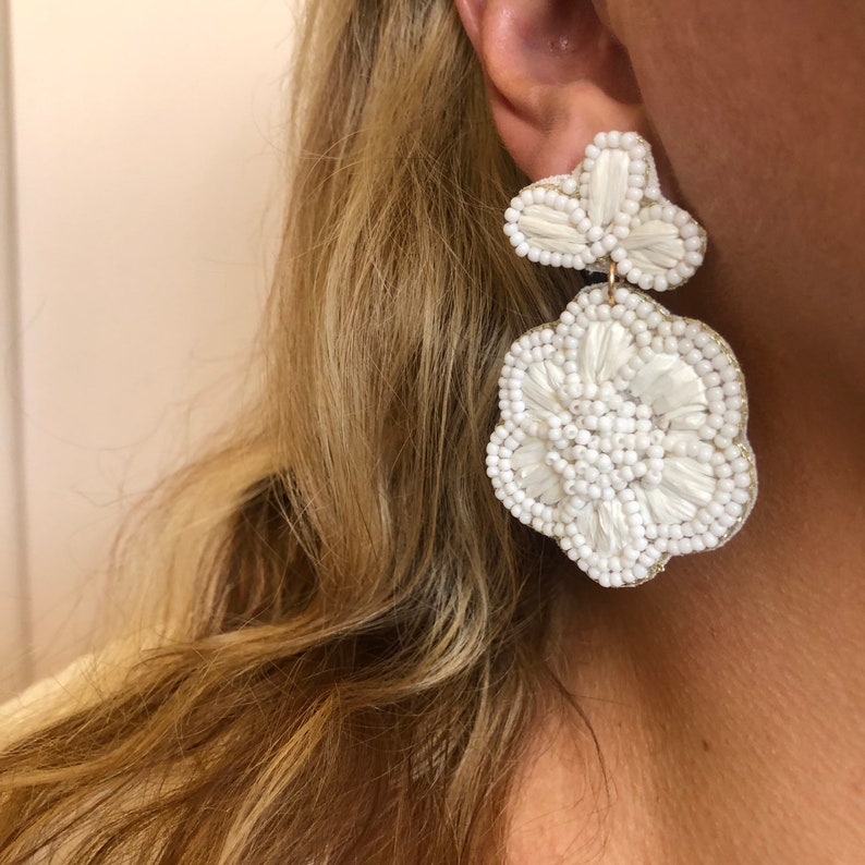 White Statement Earrings, Beaded Flower Earrings, Bead & Raffia Earrings, Drop Dangle Earrings, Chandelier Earrings, Gifts For Her, Bridal image 1