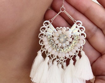 White Tassel Earrings, Statement Earrings, Big Chandelier Earrings, Tassel Drop Earrings, Silver Earrings, Cotton Tassel, Boho Earrings,