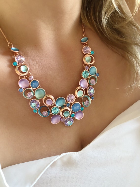 Rose Gold Statement Necklace Purple 