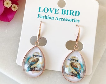 Kookaburra Earrings, Glass Teardrop Earrings, Handmade Earrings, Australian Bird Earrings, Aussie Earrings, Native Bird Earrings, Australia