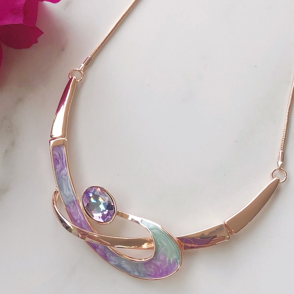 Rose Gold Bib Necklace, Statement Necklace, Necklaces For Women, Bold Necklace, Gift For Her, Birthday Gift For Her, Purple Necklace, Unique