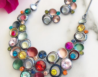 Statement Necklace Set, Necklace Earring Set, Multicolor Necklace, Chunky Necklace, Necklaces For Women, Bold Colorful Necklace, Jewelry Set