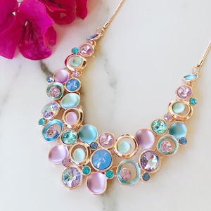 Rose Gold Statement Necklace, Purple & Blue Crystal Necklace, Necklaces For Women, Chunky Bib Necklace, Unique Fashion Jewellery Necklace