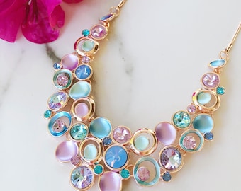 Rose Gold Statement Necklace, Purple & Blue Crystal Necklace, Necklaces For Women, Chunky Bib Necklace, Unique Fashion Jewellery Necklace