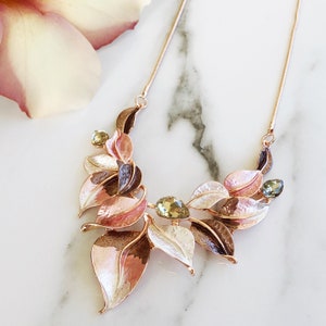 Rose Gold Necklace, Statement Necklace, Pink Necklace, Leaf Necklace, Bib Necklace, Enamel Necklace, Crystal Necklace, Gift For Bridesmaids