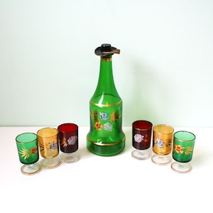 Green red and yellow mid-century set of decanter and glasses