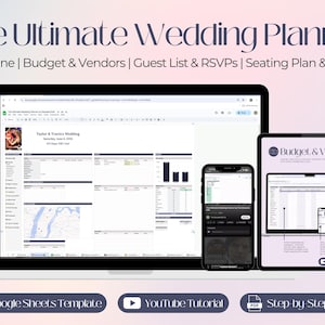 Könnte beinhalten: Ein Screenshot einer Google Sheets-Vorlage für die Hochzeitsplanung. Die Vorlage enthält Abschnitte für Zeitplan, Budget, Anbieter, Gästeliste, RSVPs, Sitzplan und mehr. Das Bild zeigt auch ein YouTube-Tutorial und eine Schritt-für-Schritt-Anleitung.