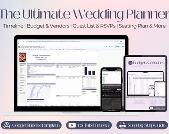 May include: A screenshot of a Google Sheets template for wedding planning. The template includes sections for timeline, budget, vendors, guest list, RSVPs, seating plan, and more. The image also shows a YouTube tutorial and a step-by-step guide.