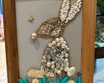 Framed vintage jewelry art Bunny