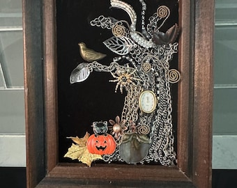 Framed Vintage Jewelry Art Halloween Tree