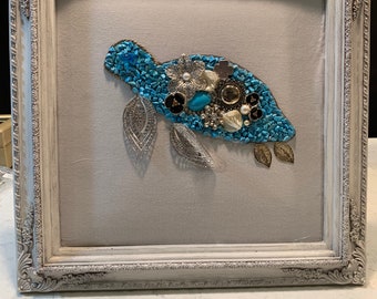 Framed vintage jewelry art Sea Turtle!
