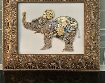 Framed Vintage Jewelry Art Elephant!