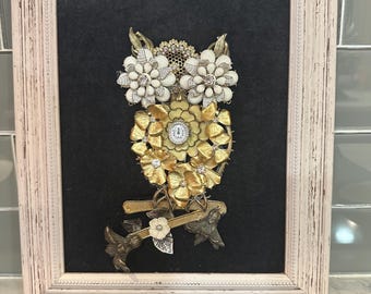 Framed Vintage Jewelry Art Owl!