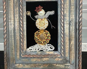 Framed Vintage Jewelry Art Snowman