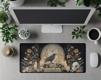 Alfombrilla de escritorio de cuervo gótico, alfombrilla de ratón de estilo brujería celestial con cuervos, velas y libros, decoración de oficina de Dark Academia, regalo de estética oculta.