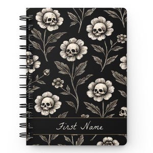 Custom Goth Journal, gepersonaliseerd dagboek, Witchy stuff, Witchy macaber dagboek, Black Skull Flower Gift, gepersonaliseerd cadeau, schedelbloemen
