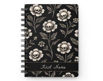 Custom Goth Journal, Personalized journal, Witchy stuff, Witchy Macabre Journal, Black Skull Flower Gift, Personalized Gift, Skull flowers