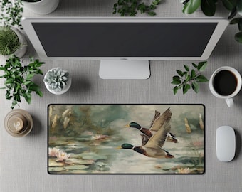 Mallard Ducks in Flight Desk Mat, Watercolor Pond mouse pad, Naturecore deskmat, Cottagecore deskmat, Rustic Cabin Decor, man cave mouse pad