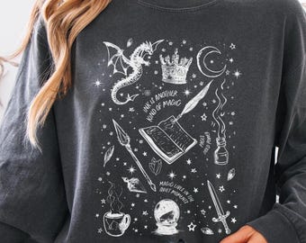 Camiseta de manga larga para amantes de los libros de fantasía Camiseta de manga larga con garabatos de libros Camiseta de manga larga de verano para chicas de libros Camiseta de manga larga con un libro más de dragones
