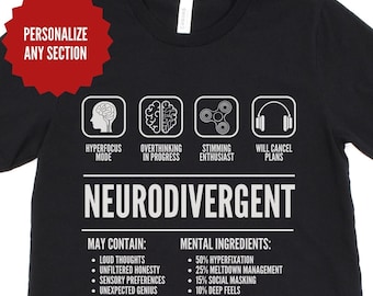 May include: Black t-shirt with white text and graphics. The shirt features the word "NEURODIVERGENT" and icons representing hyperfocus, overthinking, stimming, and canceling plans. Additional text lists "May Contain" and "Mental Ingredients".
