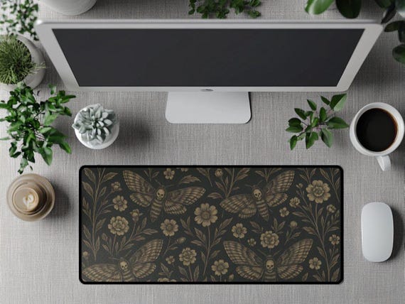 Dark Floral Desk Mat, Deaths head moth Mouse Pad, Dark Cottagecore Desk Mat, Whimsigoth, Fairy Grunge deskmat, goth deskmat