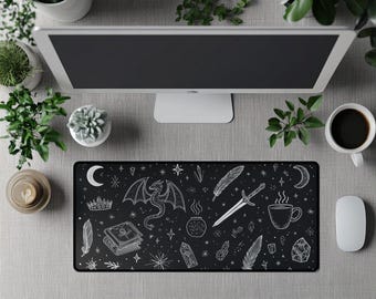 Dragon Desk Mat, Fantasy Witchcore, Celestial Moon Mouse Pad, Gamer Gift for Dragon Lovers Mystical Dreamers Fantasy Book Lover Book Doodle
