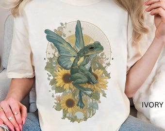 Fairy Frog Shirt, Butterfly Frog Cottagecore Tee, Frogcore Fairycore Aesthetic Shirt, Fantasy Frog Sunflower Witch stuff, Wizard frog