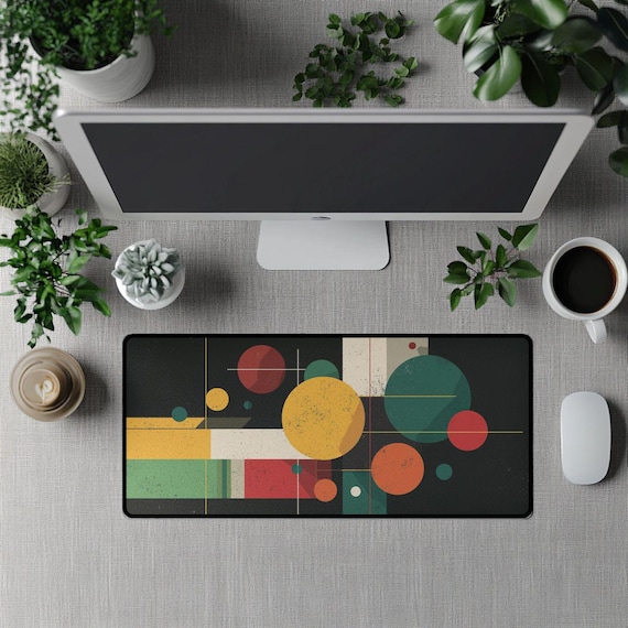Abstract Desk Mat, Retro Modern Mouse Pad, Mid Century Style Desk Pad, Circle Gaming Mat, Large Office Mousepad, Geometric DeskMat