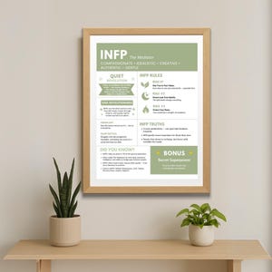 May include: A green and white printable poster with the text "INFP The Mediator" and a list of personality traits, rules, and truths. The poster also includes the text "Quiet Revolution" and "Soul Revolutionaries".