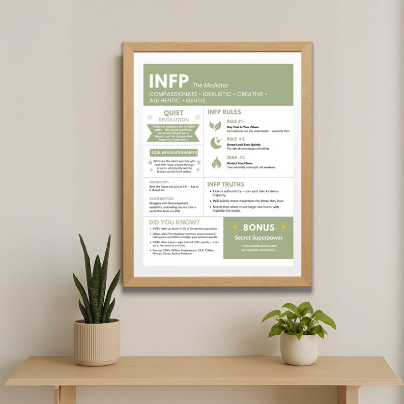 May include: A green and white printable poster with the text "INFP The Mediator" and a list of personality traits, rules, and truths. The poster also includes the text "Quiet Revolution" and "Soul Revolutionaries".