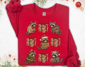 Sudadera navideña de mapache. Suéter navideño salvaje de mapache divertido. Regalos para amantes de los mapaches. Suéter navideño retro unisex de mapache. Mapache navideño.