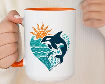 Orca Mug, Whale Boho Nature, Killer Whale Mug, Scandi Cup, Retro Whale, Orca Lover Gift Folk Art, Respect the locals