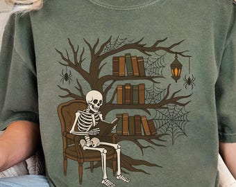 Skeleton Book Reader Shirt Book lover gift Reading enthusiast book shirt Skeleton reader Library Shirt Halloween spooky reading book shirt