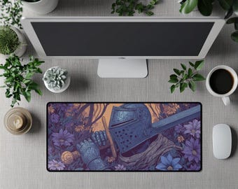Medieval Knight Desk Mat, Fantasy Armor Mouse Pad, Whimsical Sword Art, Knightcore, Gift for Gamers & Writers, knight with flowers