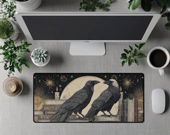 Alfombrilla de escritorio de cuervo gótico, alfombrilla de ratón de estilo brujería celestial con cuervos, velas y libros, decoración de oficina de Dark Academia, regalo de estética oculta.