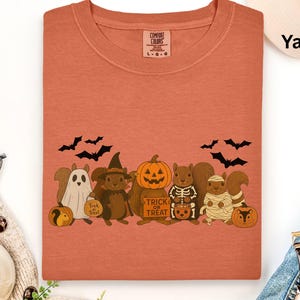 May include: A terracotta-coloured t-shirt with a Halloween graphic. The design features cartoon squirrels in Halloween costumes, including a ghost, witch, pumpkin, skeleton, and mummy, with bats above. The phrase "Trick or Treat" is on a sign.