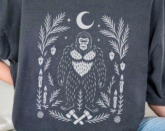 Bigfoot Shirt, Unisex Cryptid shirt, Sasquatch Shirt for Nature Lovers, folklore fairy grunge shirt, Mythical Creature Tee, linocut shirt