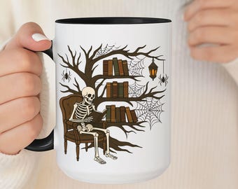Skeleton Reading book Mug, Reading Tee Book lover gift Reading enthusiast book ghost reader literature lover, Skeleton coffee mug