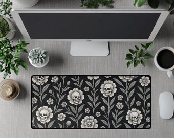 Goth Desk Mat, Witchy mouse pad, Witchy stuff, Witchy Macabre Mat, Black Skull Flower Gift, whimsigoth Gift, Skull flowers deskmat