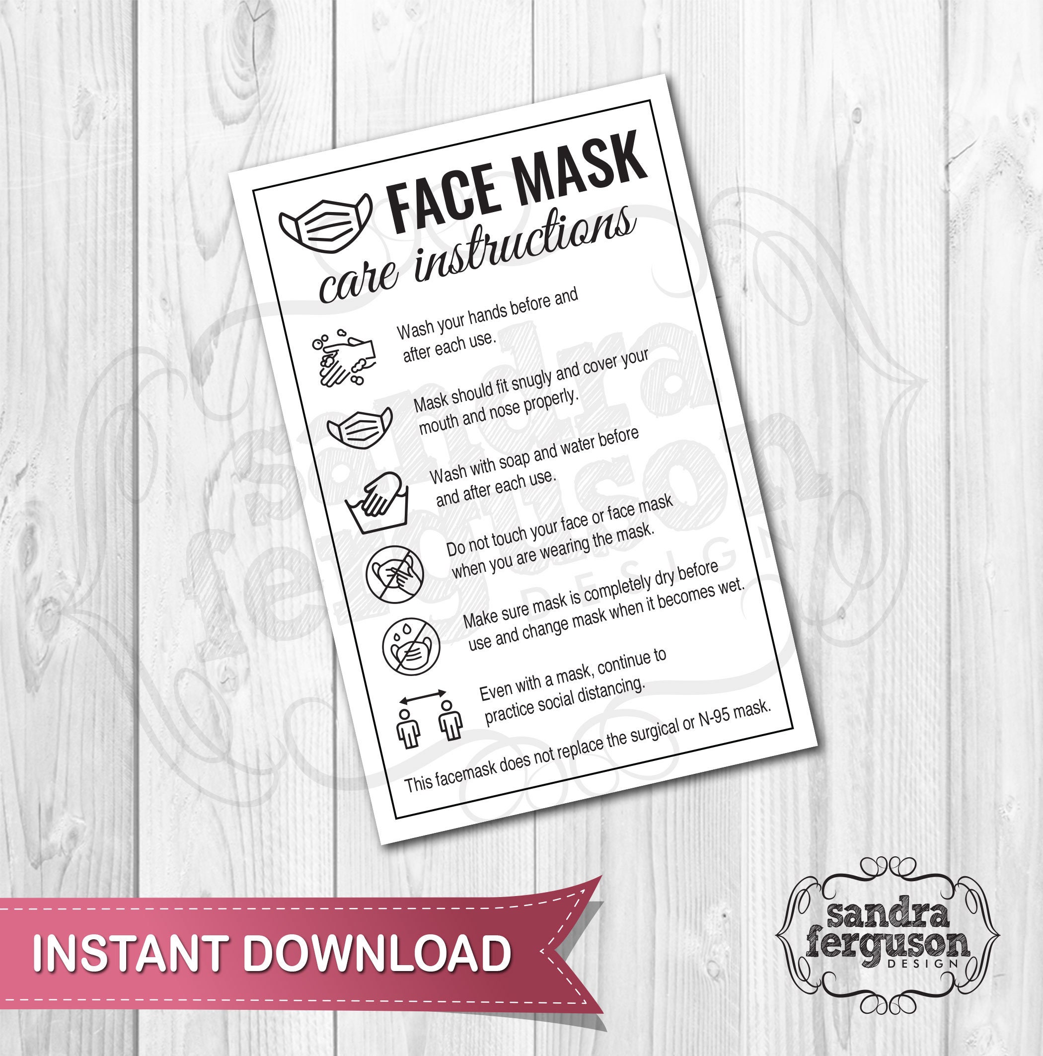 Printable Face Mask Care Instructions instructions card care Etsy