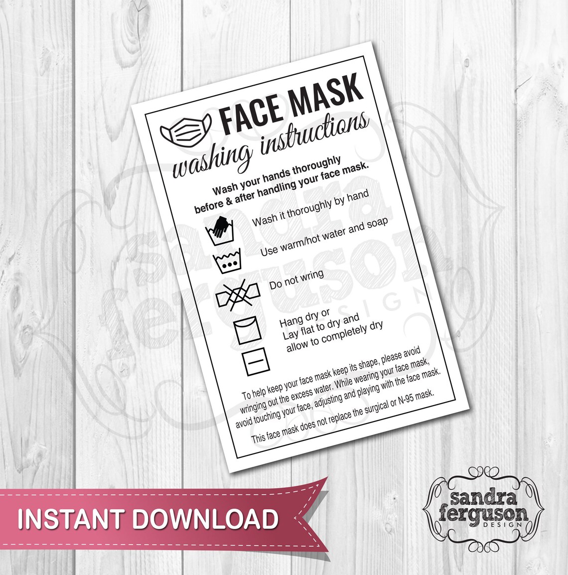 Printable Face Mask Washing Instructions instructions card Etsy